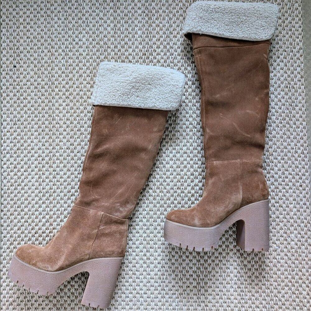 JEFFREY CAMPBELL Faux Shearling Lined Over the Knee Boot Size 5.5 Tan Suede NWOB